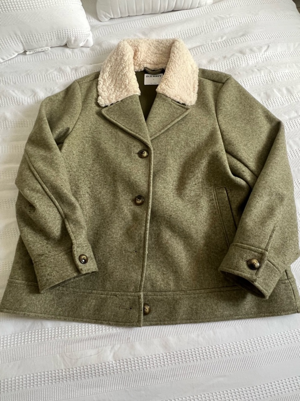 Old Navy Olive Green Wool-Blend Jacket with Cream Sherpa Collar